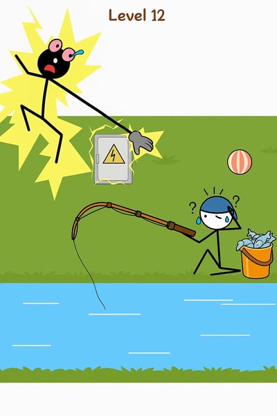 A cartoon character is fishing with a fishing rod.
